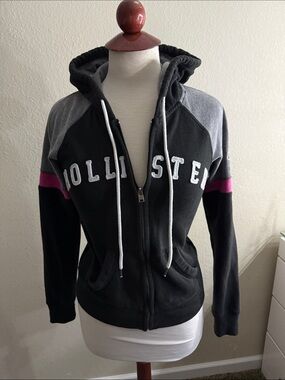 Hollister Black Hoodie with Gray Shoulders and Pink Sleeve Stripe